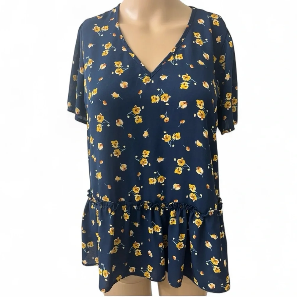 Pleione Navy with yellow floral dressy ruffle blouse Size XS - Picture 2 of 12